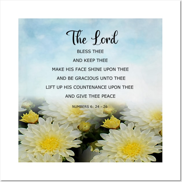 God's Blessing Prayer -  Numbers 6:24-26  Bible Verse - Blessing Scripture with White Flowers and Blue Sky Wall Art by Star58